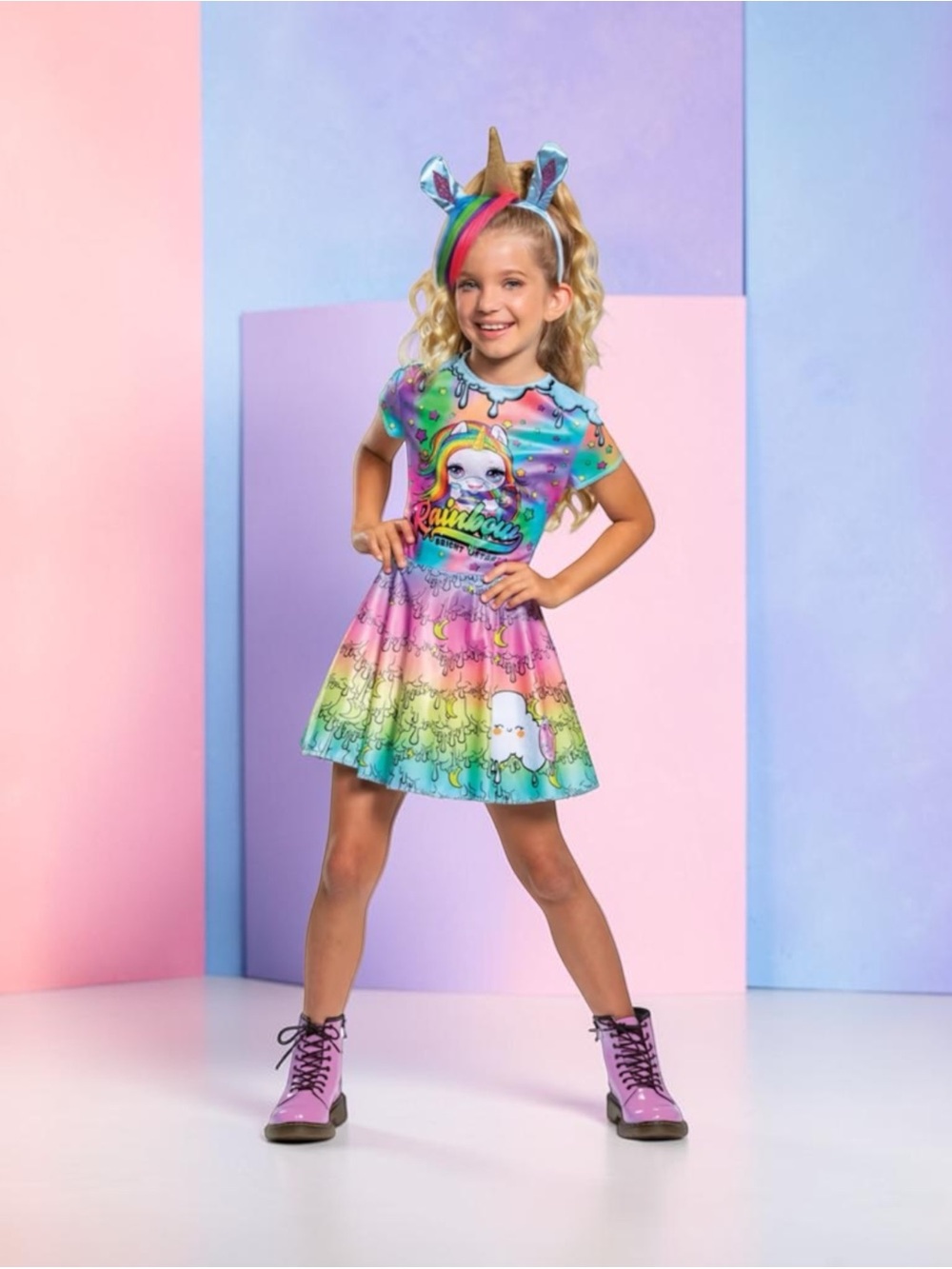 Girls Rainbow Unicorn Dress Costume with Headband